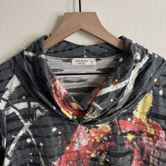 Jess & Jane Top Womens Medium Gray Cowl Neck Artsy Art To Wear Hippie Boho Tunic - Picture 8 of 16